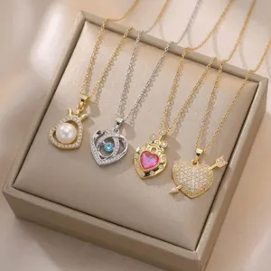 Mode Roestvrij Staal Hart Hanger Halsketting Voor Vrouwen Kunstparel Strass Kroon Vlinder Ingelegd Choker Ketting Luxe Sieraden Cadeau
