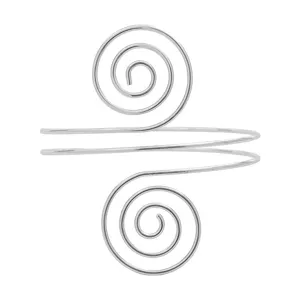 Bracciale da braccio aperto in metallo argento con design geometrico a doppia spirale.