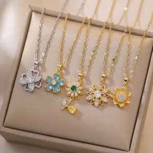 Rotating Sunflower Titanium Steel Rhinestone Pendant Necklace For Women Gold Silver Electroplated Floral Spinner Clavicle Chain Jewelry