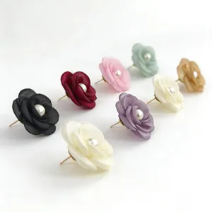 Por mayor pendientes de botón flor tela colorida perla dulce estilo vacaciones joyas