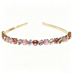 Gold crystal rhinestone headband for women, luxury colorful sparkling hair accessories main pic.