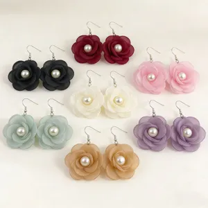 Pendientes colgantes de perlas de flores de gasa elegantes joyas florales para mujer