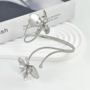 Brazalete floral de metal plateado ajustable abierto joya elegante para mujer accesorio