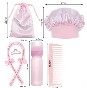 Detailed dimensions for the pink heatless hair curler set including bonnet and bag