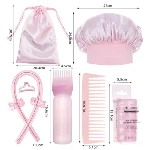 Pink heatless hair curler set with dimensions including silk bonnet and foam curling rod