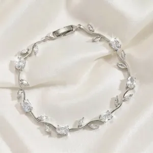 Silver plated branch bracelet with sparkling cubic zirconia leaves, elegant Korean style.