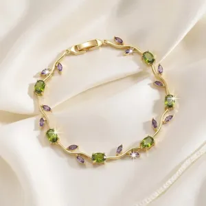 Elegant gold branch bracelet with green and purple zircon stones, ins style fashion jewelry.