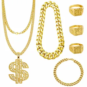 Collier dollar or style hip hop gourmette chaine bagues ensemble homme details 70cm