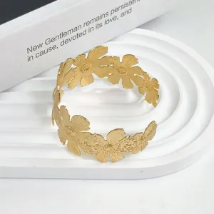 Gold Open Metal Flower Cuff Bracelet Adjustable Hollow Floral Statement Jewelry