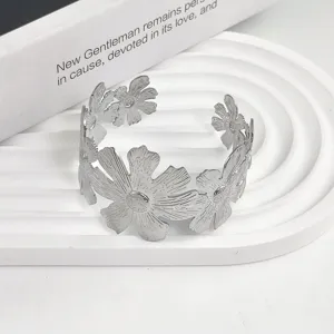 Silver metal open cuff bracelet with exaggerated hollow flower design for women fashion jewelry