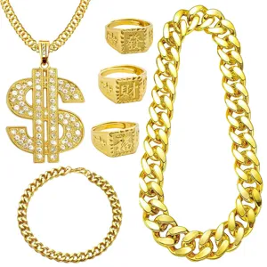 Parure Bijoux Hip Hop Signe Dollar Pendentif Collier Bracelet Bague Plaqué Or Chaîne Maille Cubaine Strass pour Hommes Femmes Fête