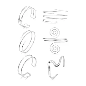 Set of silver wire open arm cuffs, geometric wave multi-layer minimalist metal bangles detail