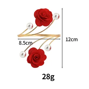 Gold metal open arm cuff with red fabric roses and faux pearls dimension size diagram detail