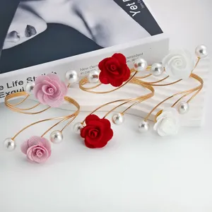 Adjustable Metal Arm Cuff Bracelet With Fabric Rose Flower And Artificial Pearl Personalized Cute Open Bangle Jewelry For Women