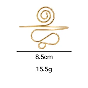 Bracciale rigido aperto in metallo dorato con design a filo spirale astratto, 8.5cm, 15.5g.