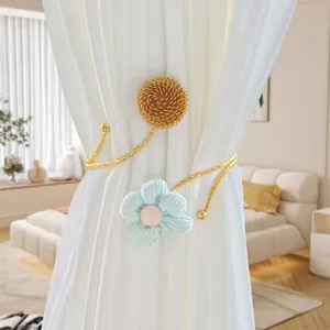 Elegante Metall Vorhangraffhalter mit blaue Stoffblume und Goldkugel Dekoration Heimtextilien