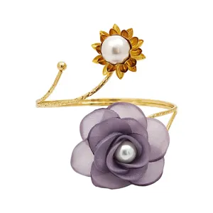 Elegant metal curtain tieback featuring a purple fabric flower and pearl sunflower decor.