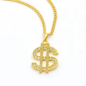 Detailed shot of the gold rhinestone dollar sign necklace for hip hop street style fashion.