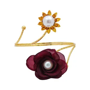 Adjustable metal curtain tieback with fabric flower and pearl decor for home decor