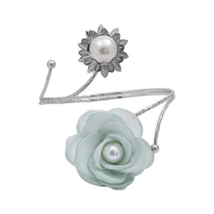 Metal curtain tieback with fabric flower pearl detail, punch free adjustable drapery clip