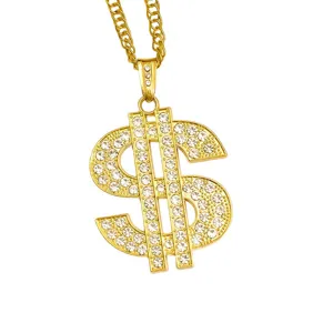 Gold hip hop dollar sign pendant necklace iced out with sparkling rhinestones for street fashion men.