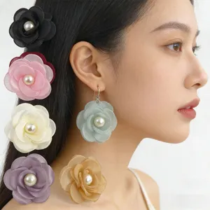 Pendientes de Botón de Tela de Flor Vintage Francés Con Perla Artificial Joyería de Oreja Floral para Mujeres