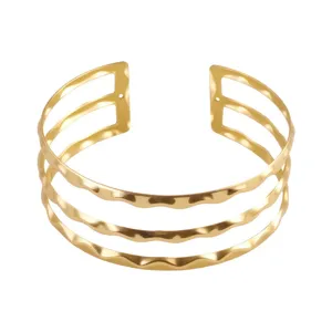 Impresionante brazalete rígido de metal dorado con ondas, pulsera de brazo ajustable.