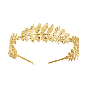 Gold leaf metal headband detail shot, exquisite laurel wreath hair accessory for women.