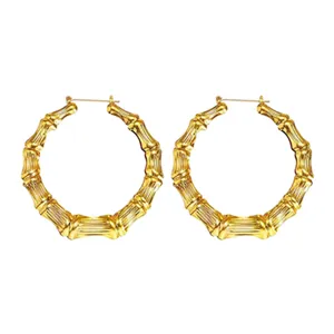 Boucles d'oreilles créoles en bambou doré pour femme, grandes boucles d'oreilles hip-hop.