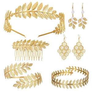 Goddess Gold Metal Leaf Bridal Headwear Set Delicate Leaf Headband Hair Comb Cuff Bracelet Artificial Pearl Earrings For Wedding Party Women Jewelry