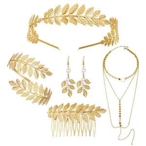 Gold leaf bridal headband hair comb earrings body chain jewelry set for women style