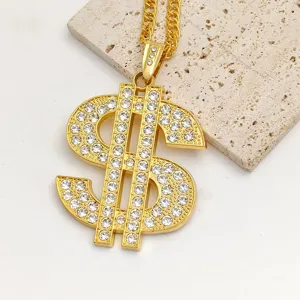 Hip hop gold dollar sign rhinestone pendant necklace detail view, men fashion bling item.