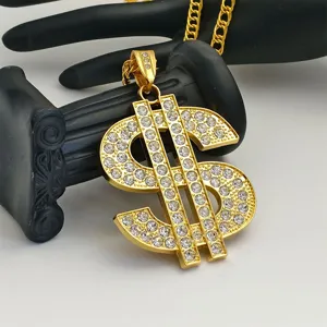 Hip Hop Alloy Rhinestone Dollar Sign Pendant Necklace Exaggerated Gold Plated Chunky Chain Twist Necklaces Ring Bracelet For Party Men Women