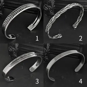 Bracelet Jonc Ouvert Minimaliste en Acier Inoxydable pour Hommes Femmes Plaqué Argent en Forme de C Simple Torsadé Plume Structuré Bijoux Punk Cadeau