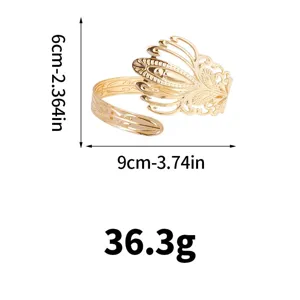 Bracciale aperto da braccio in metallo dorato piuma di fenice, design traforato squisito.
