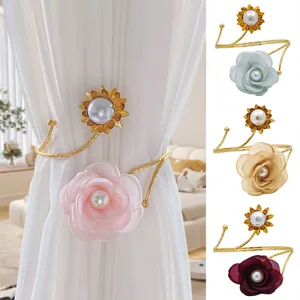 Alloy Fabric Flower Curtain Tiebacks With Artificial Pearl Decoration Color-Preserving Electroplated Adjustable Open Hoop Curtain Clip For Home Living Room Bedroom Decor