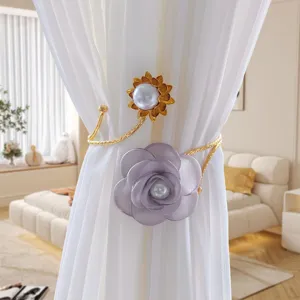 Metal curtain tieback with purple fabric flower and pearl sunflower, punch-free design