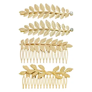 Gold leaf hair clips and combs set, elegant bridal hair accessories for women and girls.