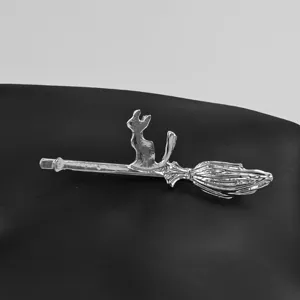 Silver magic cat broom hair clip accessory, cute metal bobby pin for daily sweet styling details.