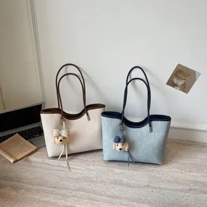 Segeltuch Denim Shopper Tasche für Studenten, große Umhängetasche mit süßem Welpen Anhänger.