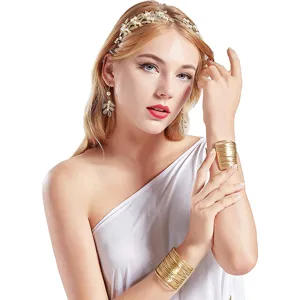 Squisito set di gioielli da sposa con fascia per capelli, orecchini e braccialetto in foglie d'oro