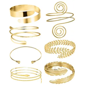 Bohemian Alloy Metal Arm Cuff Set For Women Adjustable Leaf Snake Geometric Spiral Upper Arm Bracelet Costume Jewelry Gift