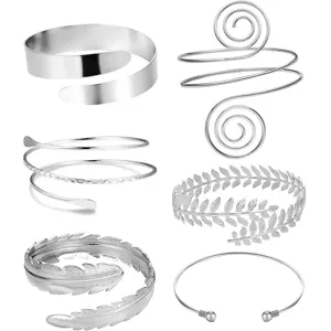 Women minimalist metal arm cuff set, fashion leaf snake geometric spiral upper arm bracelets.
