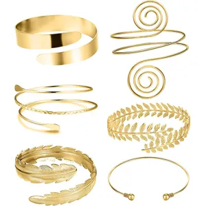 Gold metal arm cuff set for women, bohemian leaf spiral open upper arm bracelet jewelry.