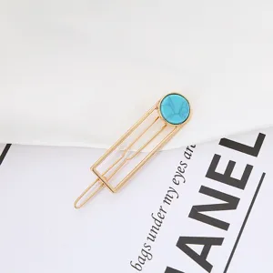 Pinza para el pelo geométrica de metal dorado con piedra de mármol turquesa elegante.