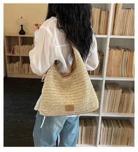 Borsa hobo in paglia intrecciata da donna borsa a spalla mare vacanza borsa sottoascellare.