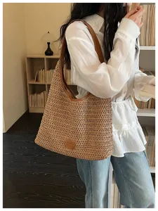 Borsa a spalla in paglia intrecciata borsa da spiaggia estiva shopper hobo casual