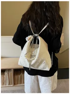 Zaino tote multifunzione da donna elegante con catena di perle e motivo a stelle bianco