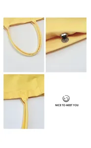 Yellow canvas tote bag detail shots showing durable handles, magnetic snap, and fine stitching.