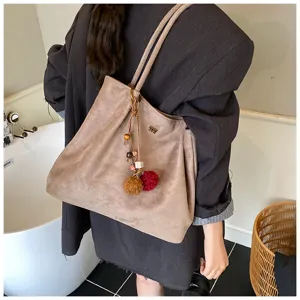 Large capacity suede tote bag, vintage women shoulder bag with cute pompom charm.